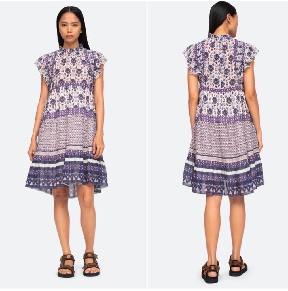 Sea New York Brigitte Border Dress Violet Purple Cotton Flutter sleeve Large